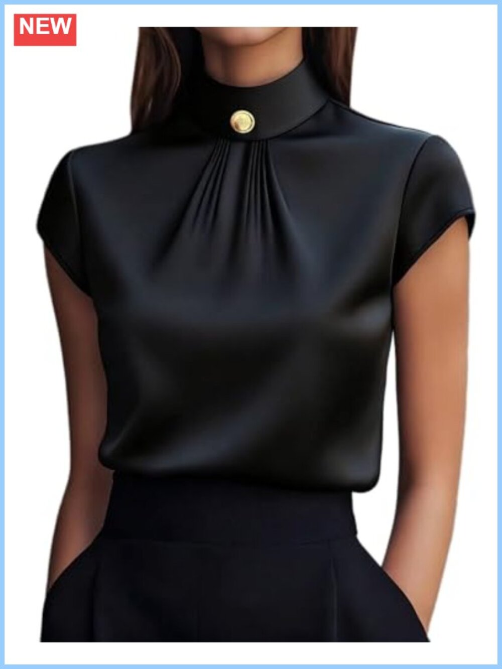 Womens Mock Neck Blouse Cap Short Sleeve Business Casual Satin Top